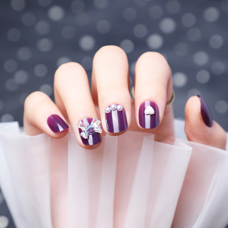 Stylish Purple Fake Nails with Diamonds – 24 Pieces